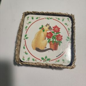 Vintage Siamese Cat Mistletoe Poinsettia Holiday Christmas Cork Coaster, Set 6.